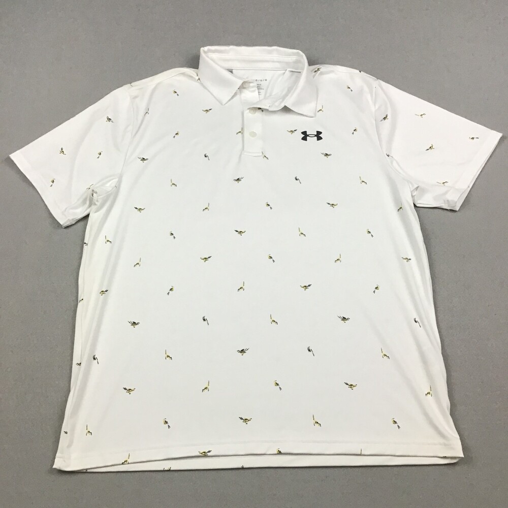 Under Armour Shirt Men Large White Bird Print Playoff Polo Golf Short Sleeve L